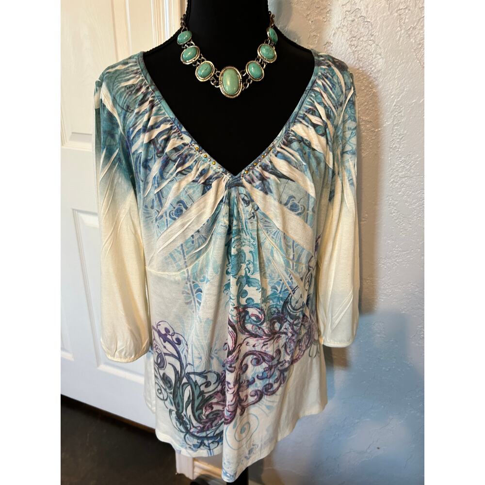 Style & Co. Blue Scroll Abstract V-Neck Embellished Top - Size L - EUC